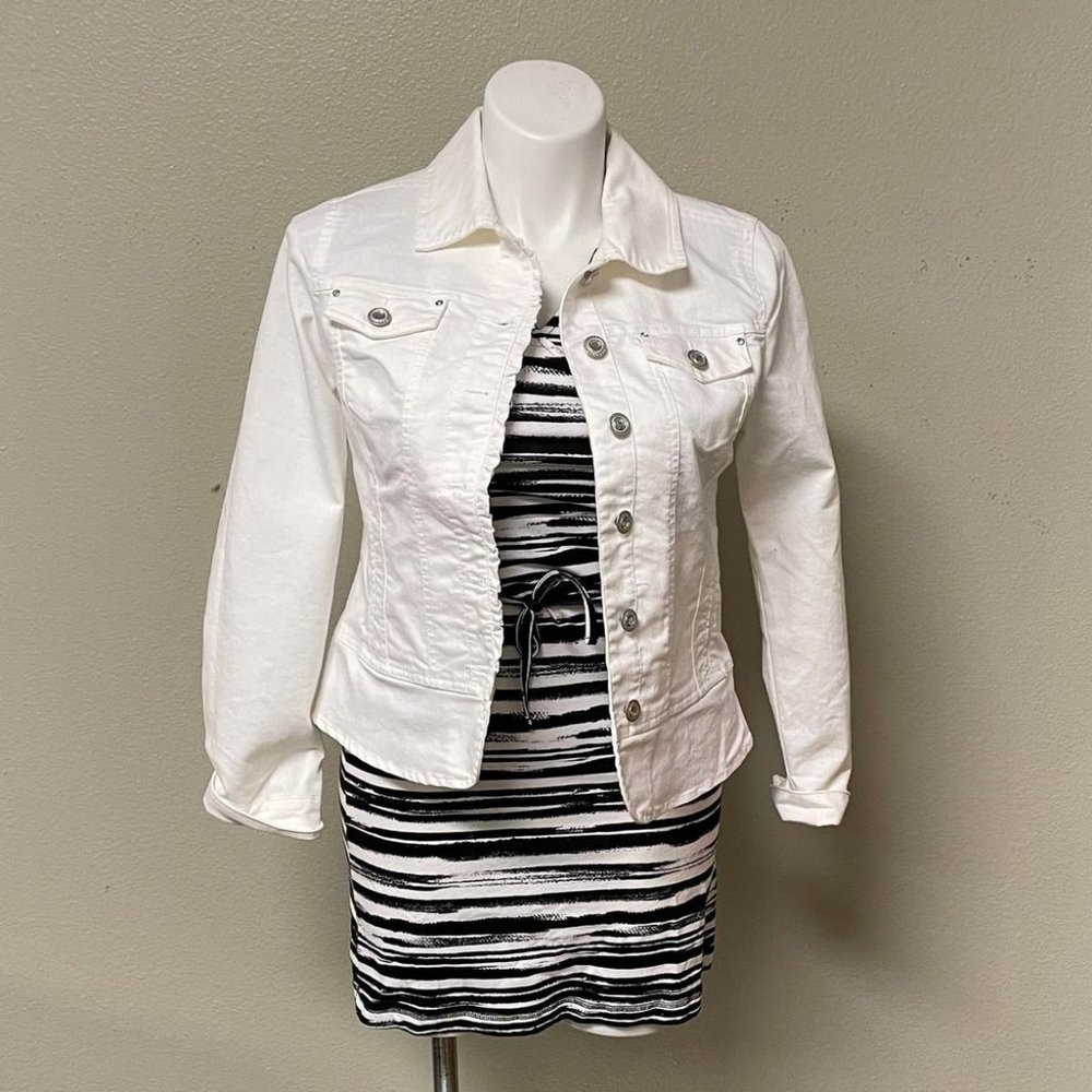Christopher & Banks White Denim Jean Jacket w/ Embellishments (Medium)